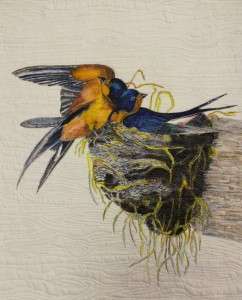 Swallows on Hand-Painted Fabric by Abby Schlingensiepen