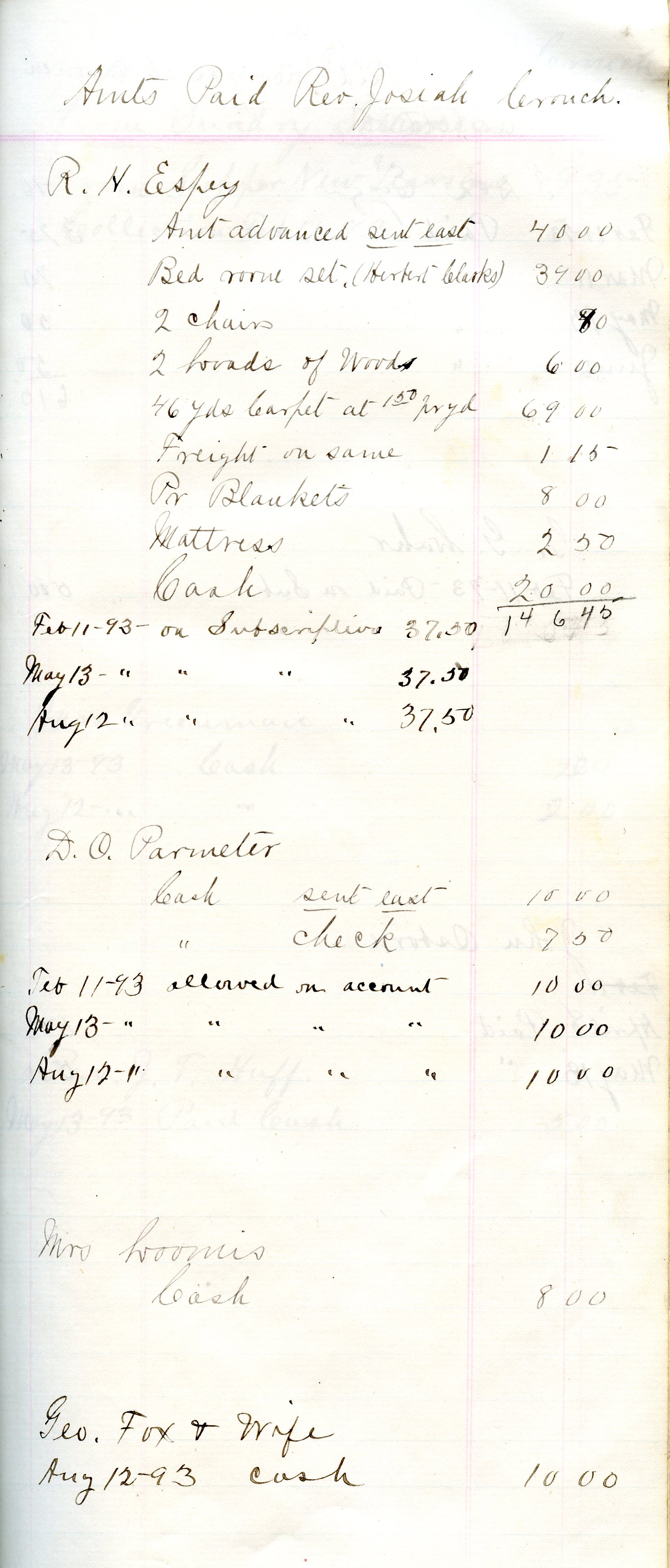 Oysterville Baptist Church Ledger Page, 1893
