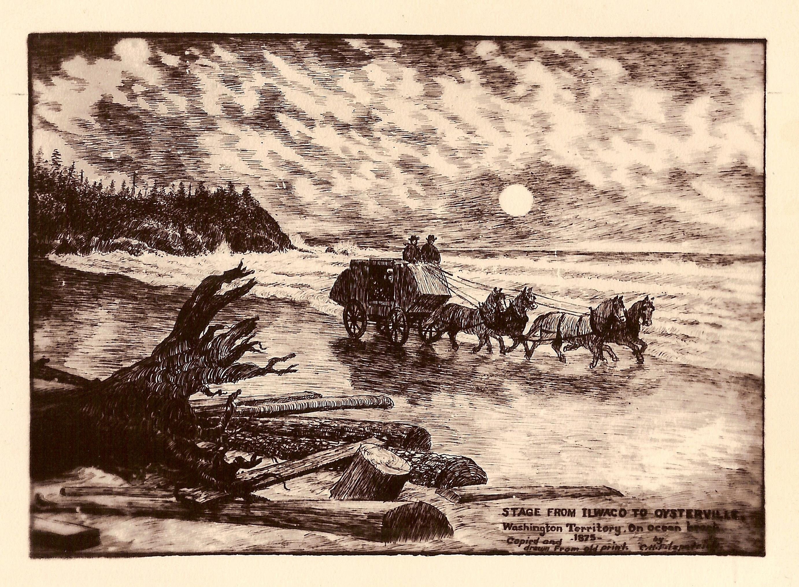Stage on beach, pen and ink by Charles Fitzpatrick CPHM 2005-25-146